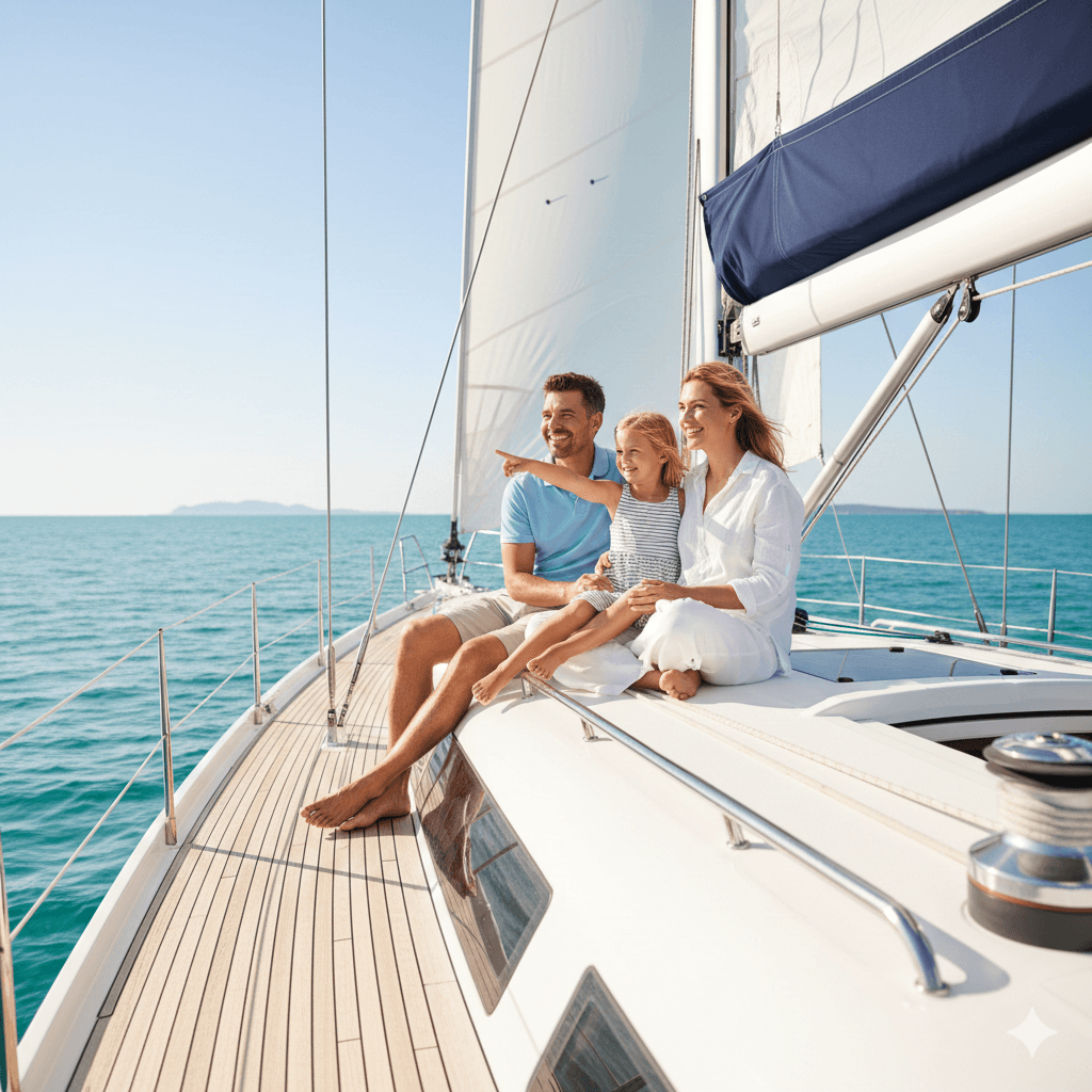Family enjoying freedom on a boat