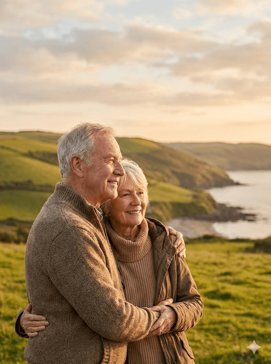 Relief and Trust - Elderly Couple with Peaceful Landscape